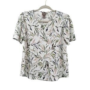 Chicos Puff Sleeve Top Size Medium Leaf Print